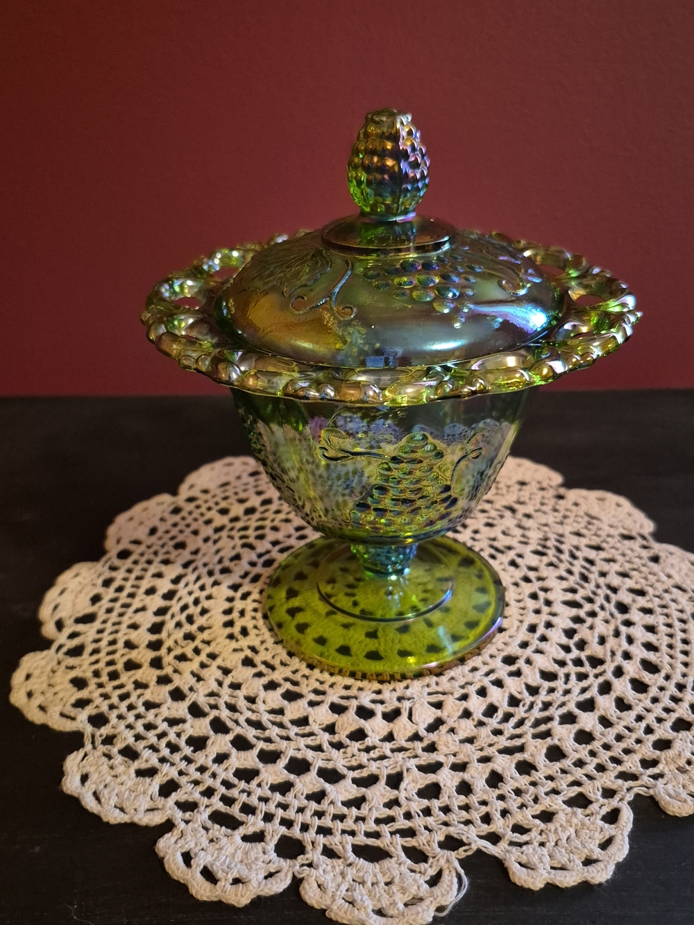 Vintage Green Iridescent Carnival Glass Grape and Cable Candy Dish with Lid